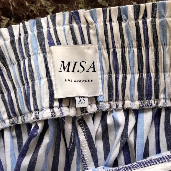 MISA Camden Pleated Stripe Wide Leg Culotte Pants in White Blue - Picture 12 of 14